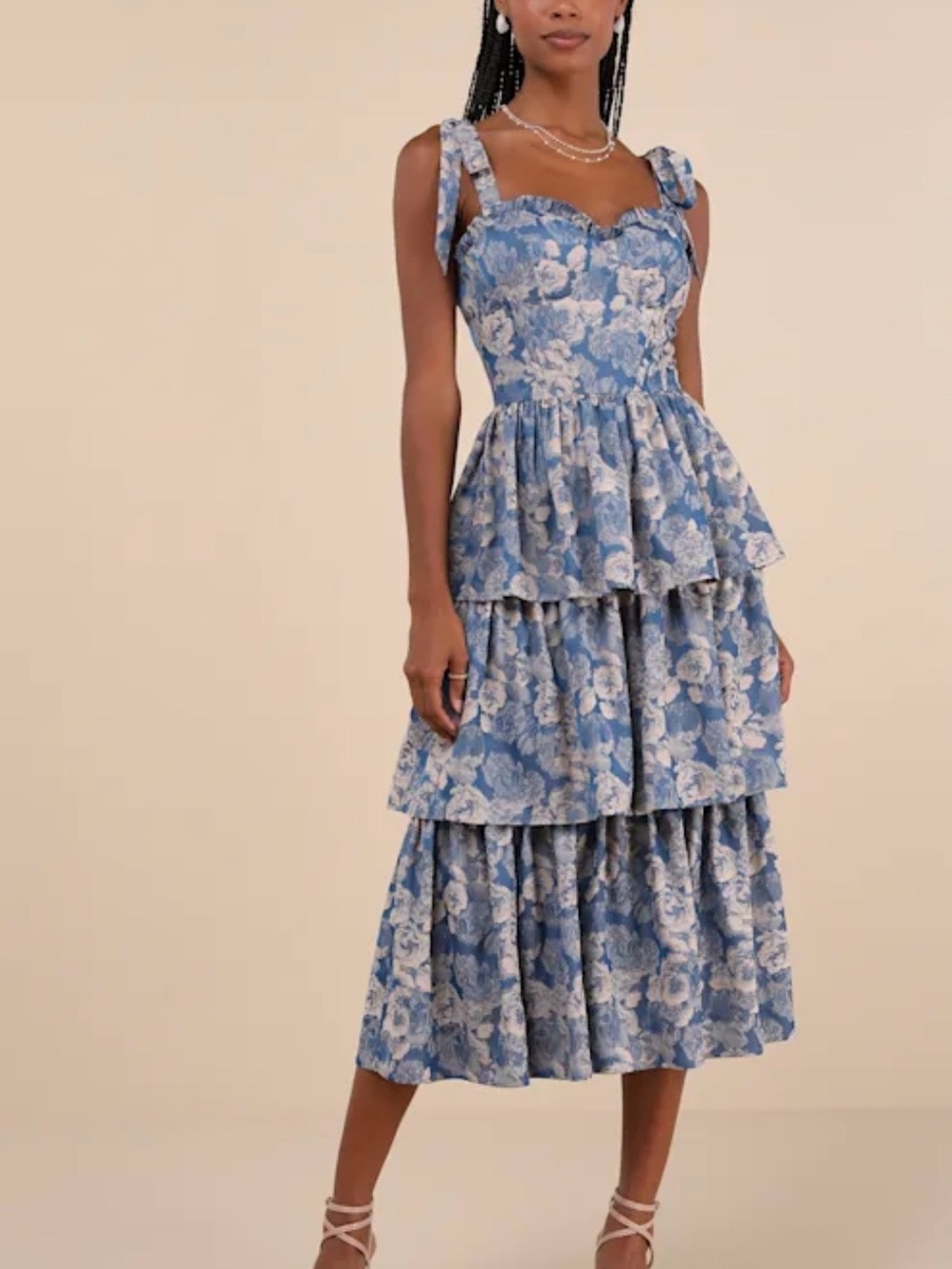 Lulu's Blue Floral Tiered Midi Dress with Tie Straps